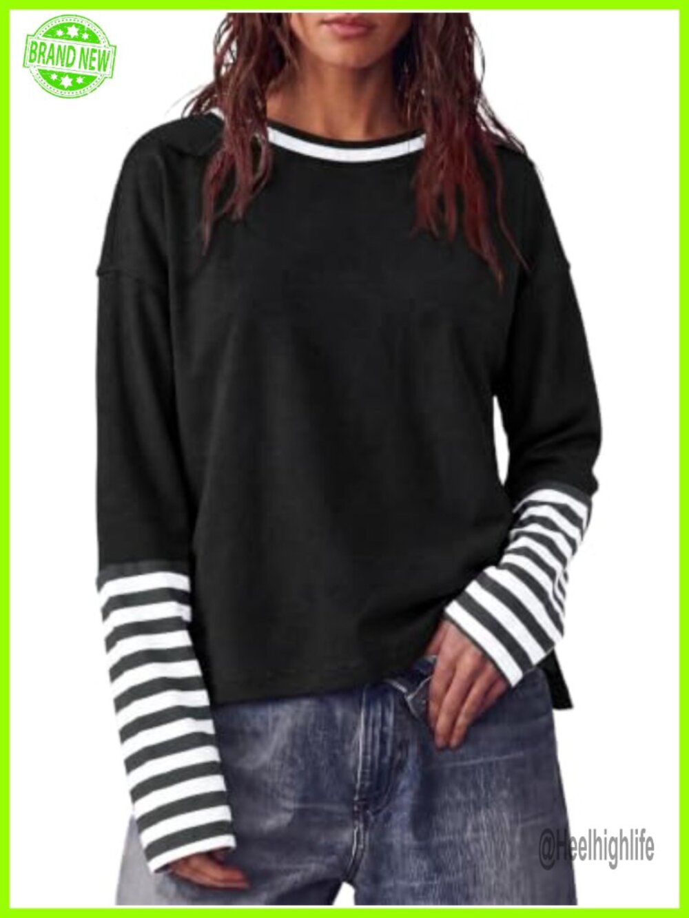 Womens Long Sleeve Striped Color Block Loose Fit Crew Neck Pullover Top